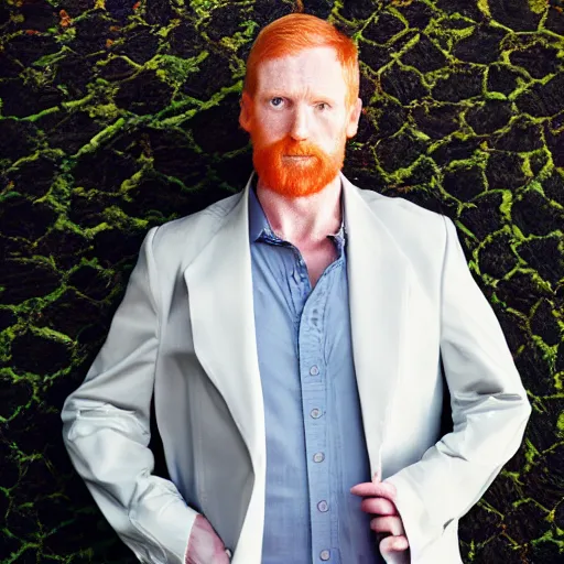 Prompt: photograph of a ginger man in his 40s, greenish blue eyes, small nose, clean shaven, no wrinkles, tall, wearing a white shirt and elegant gray dress jacket, looking into the distance
