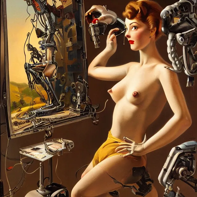 Prompt: robot artist painting a self - portrait on a canvas. intricate, highly detailed, digital matte painting in the style of gil elvgren and in the style of h. r. giger. irony, recursion, inspiration.