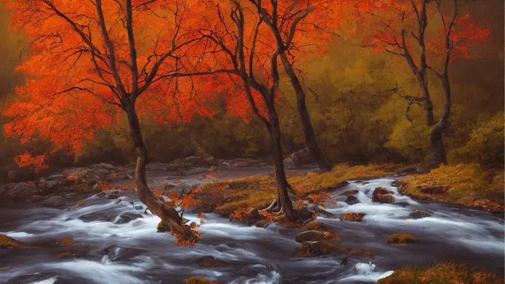 Image similar to A beautiful oil painting of a single tree, the tree is at the top of a hill, the tree is in the rule of thirds, the fall has arrived and the leafs started to become golden and red, the river is zigzagging and flowing its way, the river has lots of dark grey rocks, by Greg Rutkowski