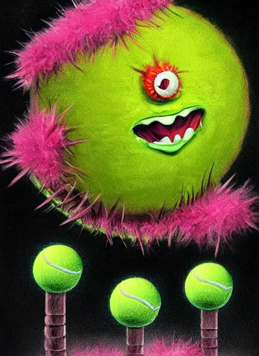 Image similar to tennis ball monsters playing tennis, a tennis ball monster, tennis ball, colorful, digital art, fantasy, magic, trending on artstation, ultra detailed, professional illustration, chalk, poster artwork by basil gogos, clean