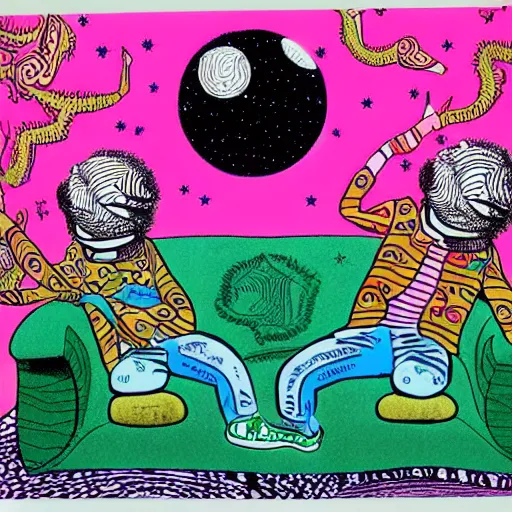 Image similar to psychedelic trippy couch pine forest planets milky way sofa cartoon by howard finster