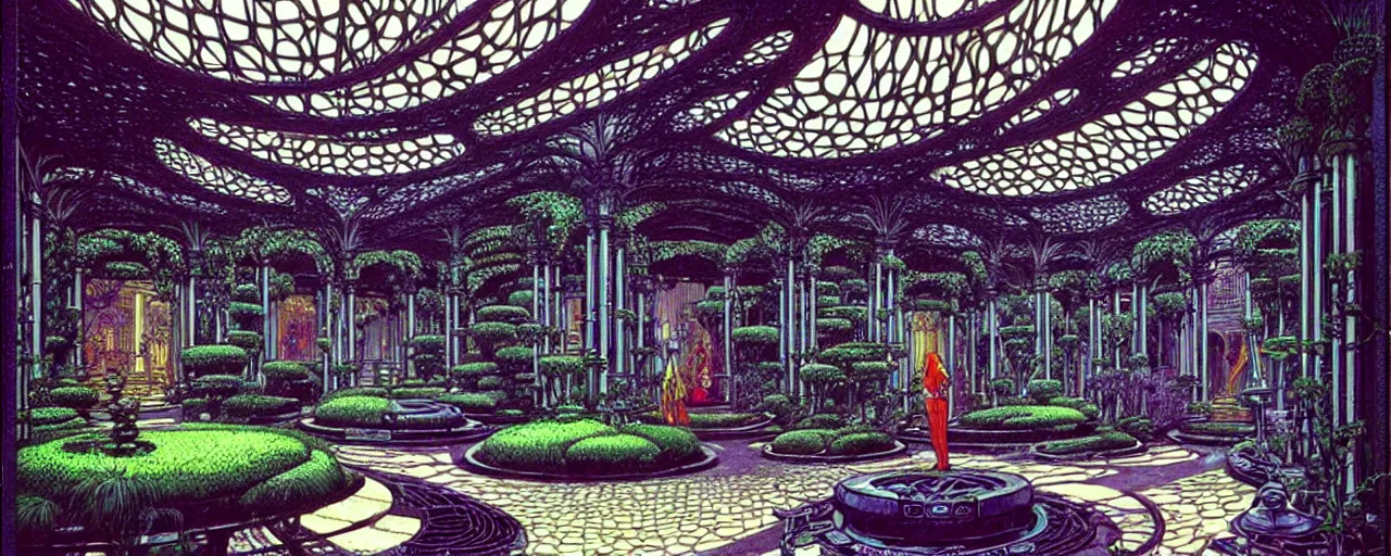 Image similar to a luxurious scifi futuristic victorian garden courtyard by killian eng, moebius, philippe druillet