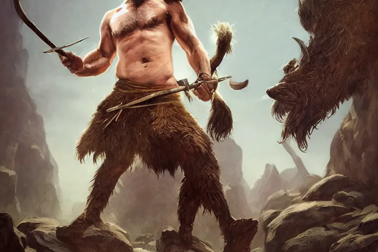 Image similar to photorealistic full body portrait of a gruff ranger with a spear, lean and toned, handsome face, hairy chest and hairy body, D&D, intricate, elegant, highly detailed, digital painting, artstation, concept art, matte, sharp focus, chiaroscuro, well list, illustration, art by Artgerm and Greg Rutkowski and Alphonse Mucha