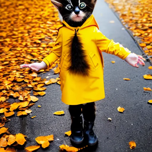 Image similar to anthropomorphic cute kitten wearing a yellow raincoat and yellow boots getting off the schoolbus on the first day of kindergarten, with colorful fall leaves and light rain, critical moment photograph