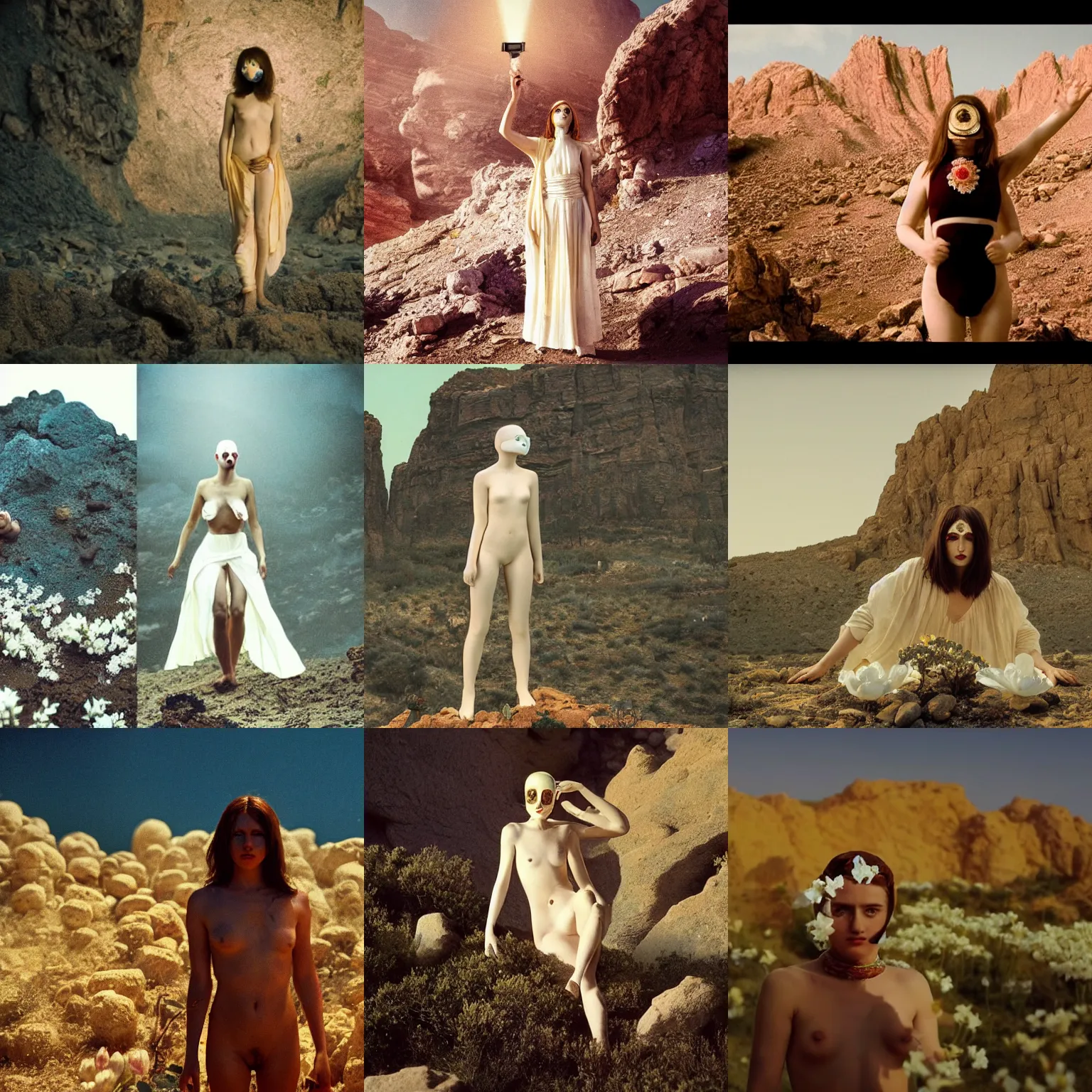 Prompt: The full body shot of beautiful pale woman with white flowers and full-face golden mask in a rocky desert landscape, multiple eyes by Gaspar Noe and Christopher Doyle, anamorphic lens, anamorphic lens flares, kodakchrome, cinematic composition, practical effects, award winning photo, 8k