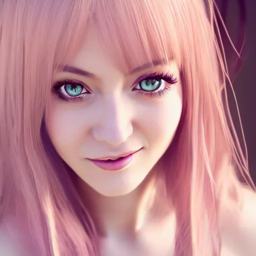 Image similar to beautiful intricate photograph of nikki from shining nikki dress - up game, a cute young woman, light pink hair, long hair with full bangs, full heart - shaped face, amber eye color, pale skin, light blush, chinese heritage,, smiling softly,, golden hour, soft focus, 8 k, hyperrealism, hyperdetailed