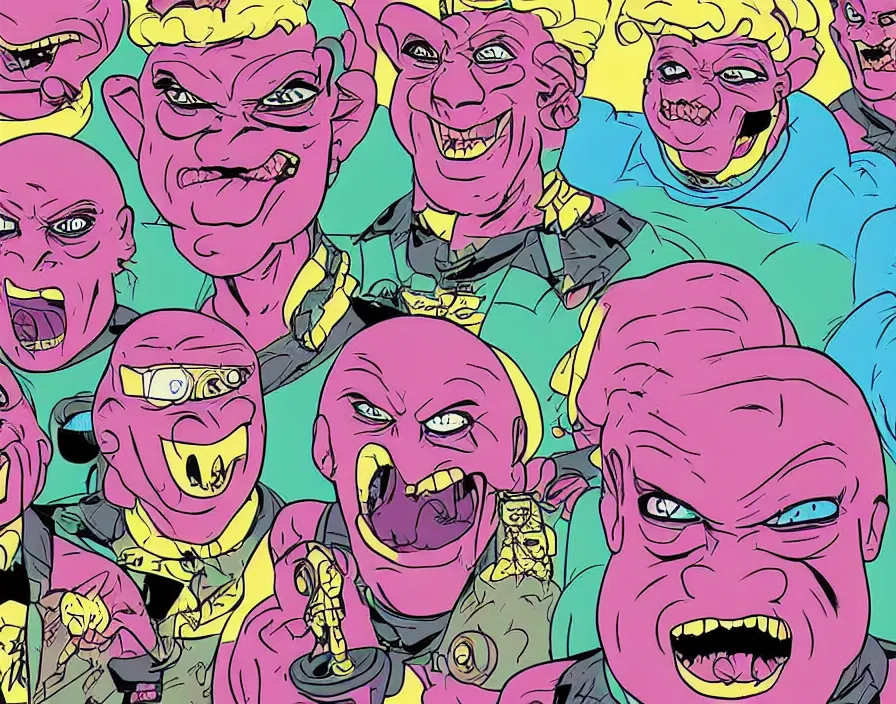 Image similar to krang 1980s pop band, surrealism aesthetic, detailed facial expressions