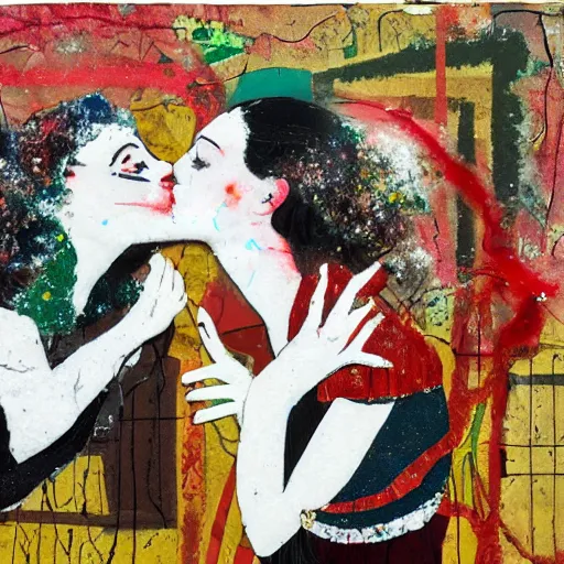 Prompt: two women kissing at a carnival in winter, mixed media collage, retro, paper collage, magazine collage, acrylic paint splatters, bauhaus, claymation, layered paper art, sapphic visual poetry expressing the utmost of desires by jackson pollock