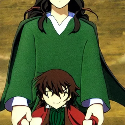 Image similar to peregrin took from the anime lord of the rings (1986), dark hair, green cape, hobbit, studio ghibli, very detailed, realistic