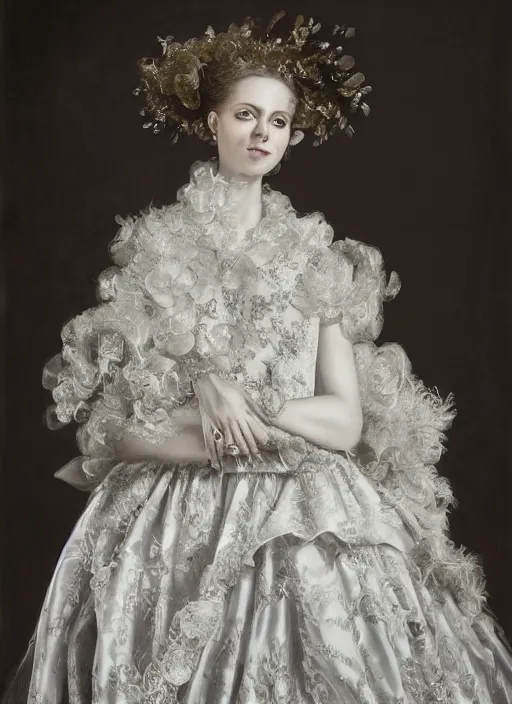 Image similar to hyperrealistic very detailed photograph portrait of a young woman in a haute couture dress, photo studio