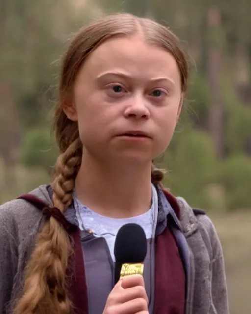 Image similar to film still close - up shot of greta thunberg giving a speech from the movie brokeback mountain. photographic, photography