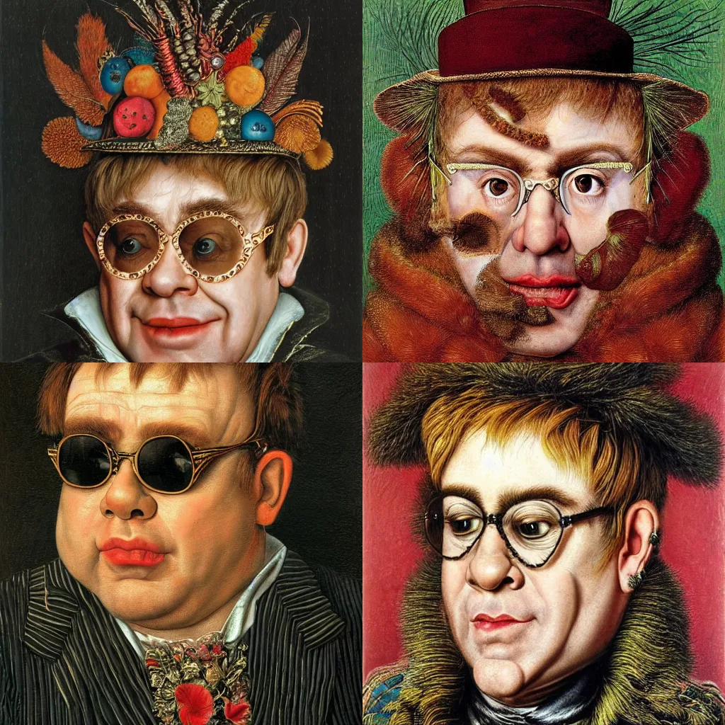 Prompt: portrait of Elton John by Giuseppe Arcimboldo