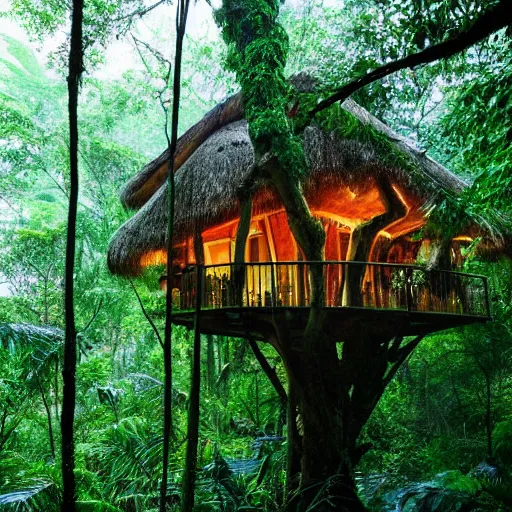 Image similar to a treehouse in a lush jungle during a thunderstorm in the night