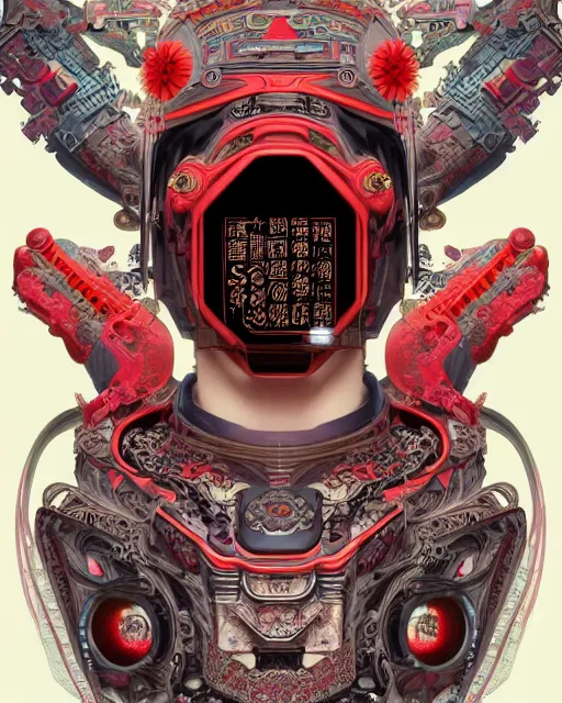 Image similar to portrait of a cyberpunk machine, machine face, upper half portrait, decorated with chinese opera motifs, asian, fine china, traditional chinese art, intricate, elegant, highly detailed, symmetry, headpiece, digital painting, artstation, concept art, smooth, sharp focus, illustration, art by artgerm and greg rutkowski and alphonse mucha, 8 k