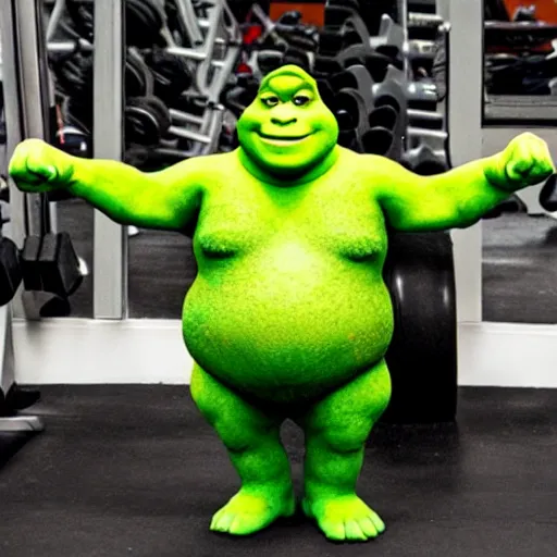 Image similar to shrek goes to the gym to get ripped