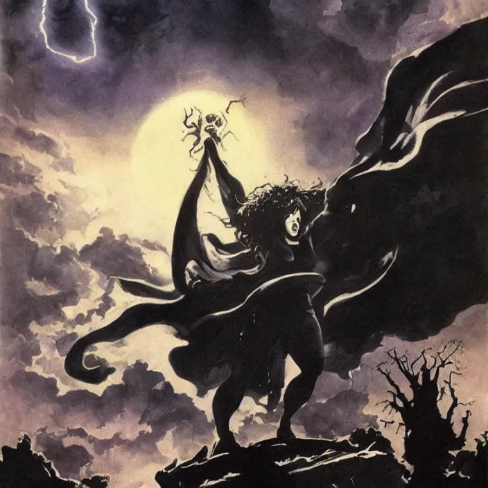 Prompt: bellatrix casting dark mark spell into the sky over hogwarts by frank frazetta