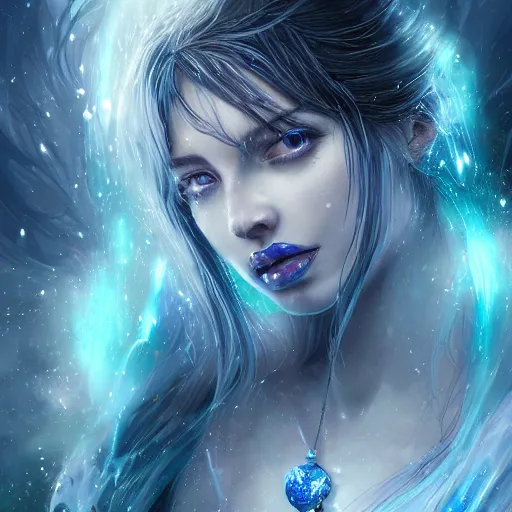 Image similar to masterpiece portrait of an aesthetic beautiful mage woman, ice spell, 3 0 years old woman, soft thin face, light eyes, black dynamic hair, wearing silver diadem with blue gems inlays, silver necklace, digital painting by wlop, atmospheric effects, chaotic blue sparks dynamics background, intricate, artstation, fantasy