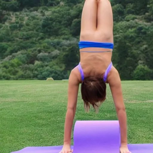 Image similar to emma watson doing a headstand yoga pose in bikini