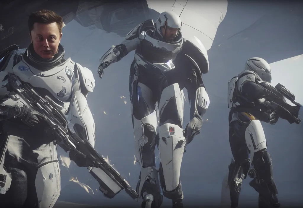 Image similar to elon musk in destiny 2, elon musk in the video game destiny 2, gameplay screenshot, close up, 3 d rendering. unreal engine. amazing likeness. very detailed.