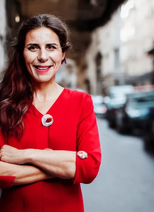 Image similar to color portrait of a beautiful 35-year-old smiling Italian woman, wearing a red outfit, candid street portrait in the style of annie leibovitz close up, detailed, award winning, Sony a7R