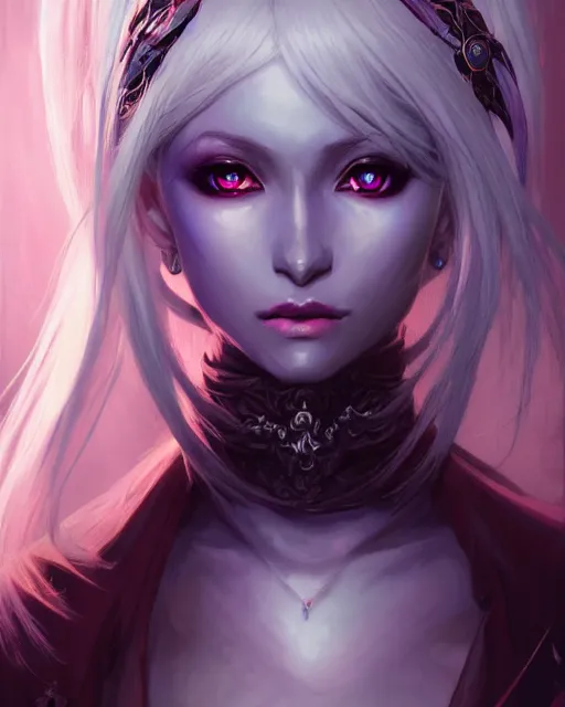 Image similar to portrait of an anime female drow necromancer, hd, illustration, epic, d & d, fantasy, intricate, elegant, highly detailed, digital painting, artstation, concept art, smooth, sharp focus, illustration, art by artgerm and greg rutkowski and alphonse mucha, monster hunter illustrations art book