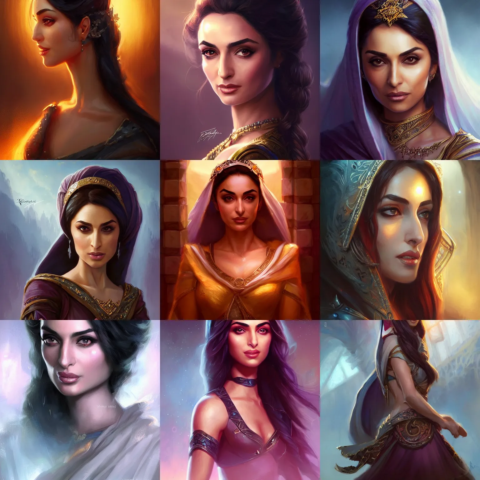 Prompt: persian princess, nazanin boniadi, art by artgerm and greg rutkowski and magali villeneuve, twilight lighting, d & d, fantasy, portrait, highly detailed, digital painting, trending on artstation, concept art, sharp focus, illustration