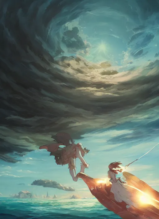 Image similar to An epic fantastic atmospheric comic book style painting of a ancient godnesses battling over the sea, fisheye lens, Makoto Shinkai, Ghibli, atmospheric, concept art, saturation 8，DAZ, dynamic lighting