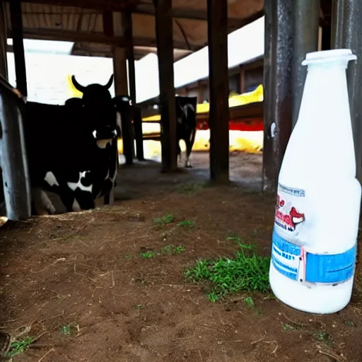 Image similar to dirty bottle of milk and a cow inside slaughterhouse