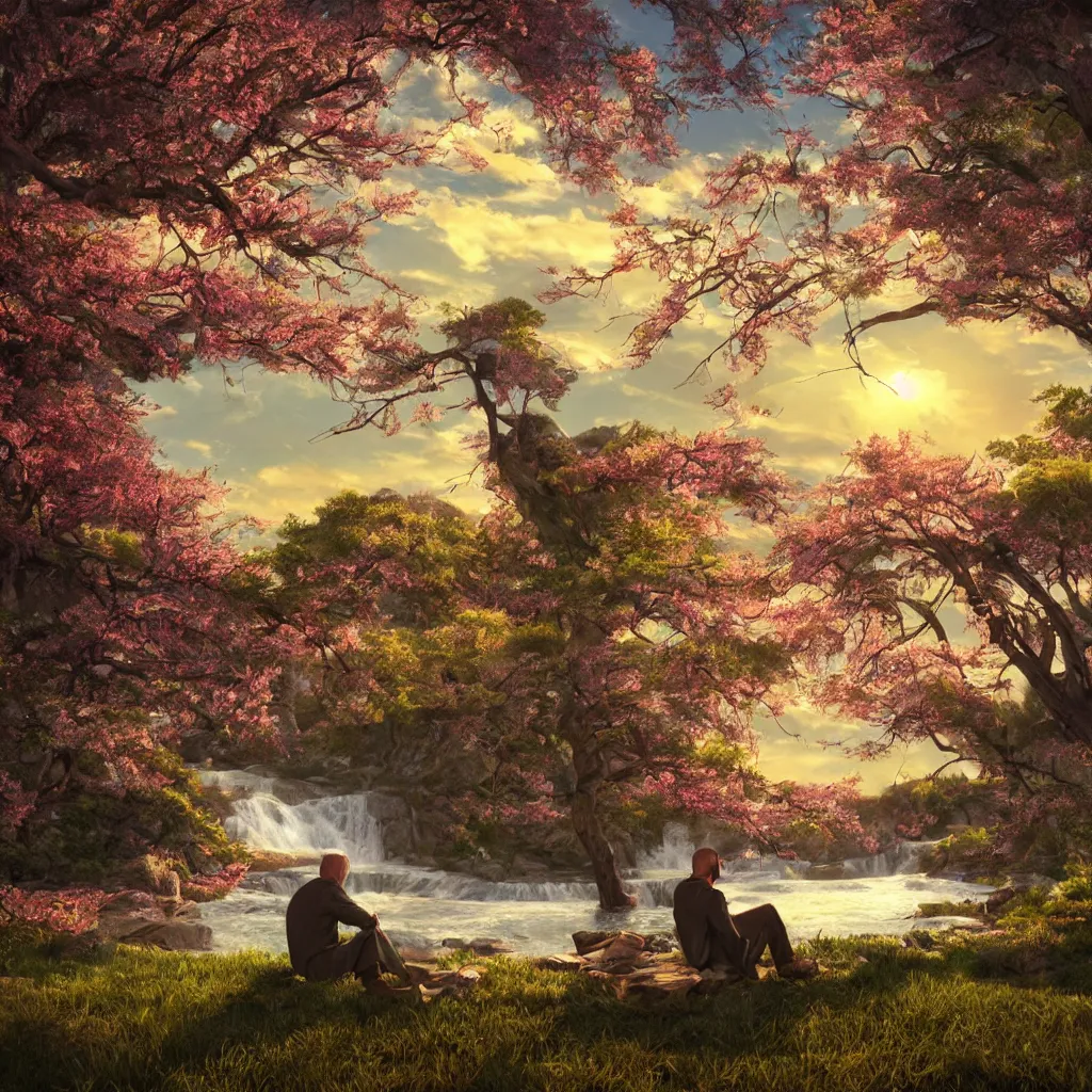 Prompt: featured on artstation photorealistic walter white sitting under a cherry tree overlooking valley waterfall sunset beautiful image stylized digital art