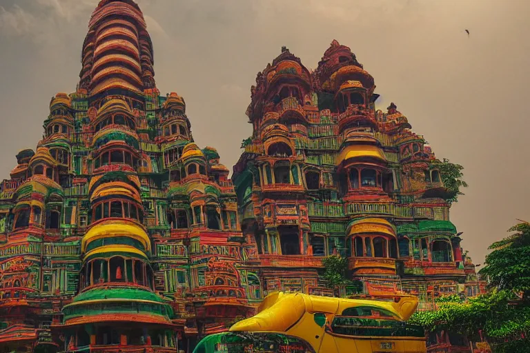 Image similar to high quality photo dreamscape! mumbai with biomorphic hanuman!! head building, kalighat, octane highly detailed, cinematic smooth, stephen shore & john j. park, soft morning light, wide shot, high angle, uhd 8 k, deep focus