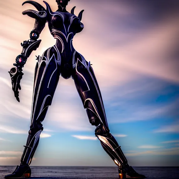 Prompt: looking up at a highly detailed 300 foot tall giant elegant exquisite beautiful stunning valkyr female warframe, as an anthropomorphic robot dragon, posing elegantly over your tiny form, detailed legs looming over you, camera on the ground, at the beach on a sunset, sleek streamlined design, streamlined matte black armor, sharp detailed claws, detailed sharp robot dragon feet, worms eye view, giantess shot, upward shot, ground view shot, leg shot, front shot, epic cinematic shot, high quality warframe fanart, captura, realistic, professional digital art, high end digital art, furry art, giantess art, anthro art, DeviantArt, artstation, Furaffinity, 8k HD render, epic lighting