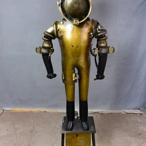 Prompt: tintype photo, antique diving suit with brass helmet