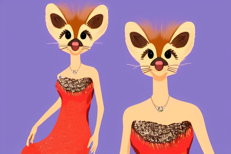 Prompt: detailed flat 2 d : female marten character : wearing jewelry : wearing a showgirl sequins feathers dress : head torso feet : lorax movie : artstation