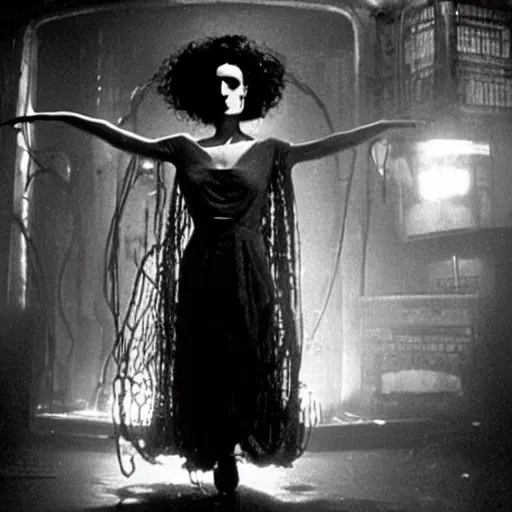 Image similar to cinematic portrait of bride of frankenstein as a replicant in a nightclub, frightened and angry, ready to fight, still from the movie bladerunner, fashion photography, a neon sign is in the background