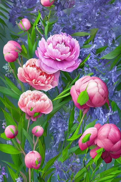 Prompt: beautiful digital matter cinematic painting of whimsical botanical illustration of peonies and bluebells, whimsical scene bygreg rutkowki artstation