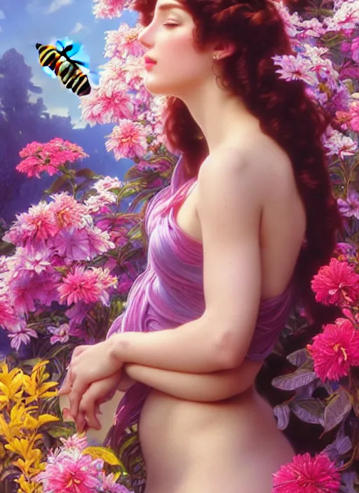 Prompt: young beautiful woman, handsome man, eve and adam in the garden of eden, gorgeous face, vaporwave aesthetic, synthwave, colorful, psychedelic, artstation, flowers, bees, smooth, extremely sharp detail, finely tuned detail, 8 k, unreal engine 5, ultra sharp focus, illustration, art by artgerm and greg rutkowski and alphonse mucha