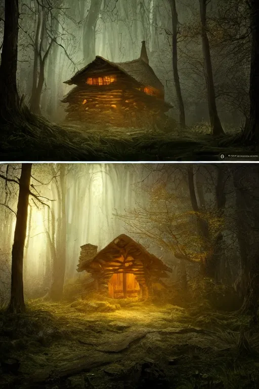 Prompt: the wooden house of a ancient witch in an ancient old forrest, eeire mood, Dynamic lighting, cinematic, establishing shot, extremely high detail, photo realistic, cinematic lighting, , post processed denoised, concept design, concept art, artstation, matte painting, midjourney, style by alex ross, raphael lacoste, eddie mendoza