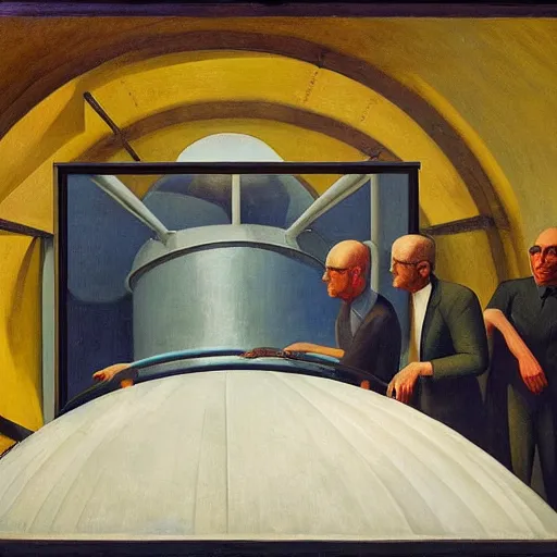 Image similar to scientists inspecting an alien in a water tank in a dome - shaped control center, grant wood, pj crook, edward hopper, oil on canvas