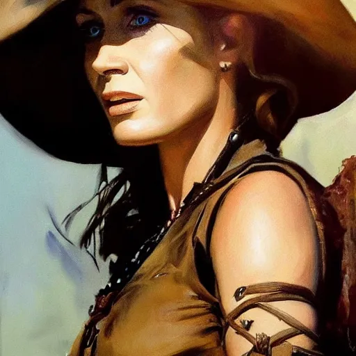 Image similar to ultra realistic portrait painting of emily blunt as a western outlaw, art by frank frazetta, 4 k, ultra realistic, highly detailed, epic lighting