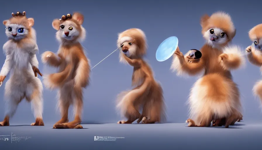 Image similar to very very very cute cirsus performers, baby fur creatures, character design for animation, 3d render, big disney eyes, max kostenko, bobby chiu, symmetrical eyes, cuteness, a lineup of characters, Trending on Artstation, oil on Canvas by Bobby Chiu and Norman Rockwell, octane render, 4k, 8k, HD