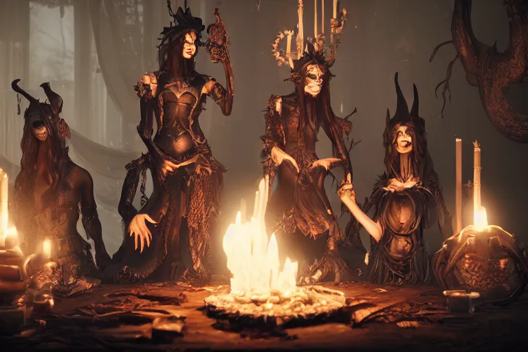 Image similar to dark witches doing a ritual. Ornate details, award winning, Octane render, 4k, 8k, unreal 5, very detailed, hyper control-realism, trending on artstation.”