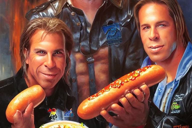 Image similar to portrait of wwf shawn michaels and wwf bret hart sharing hotdogs, an oil painting by ross tran and thomas kincade