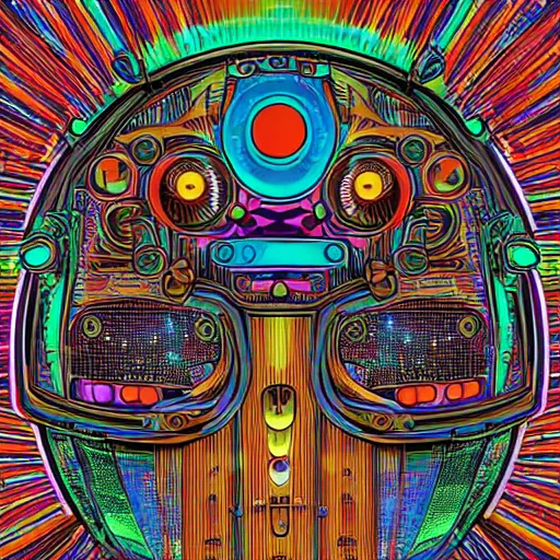 Prompt: hyperdetailed portrait of a multicolored spaced out steampunk robot head, 8 k, symetrical, halluzinogenic, meditative, vector art, black background