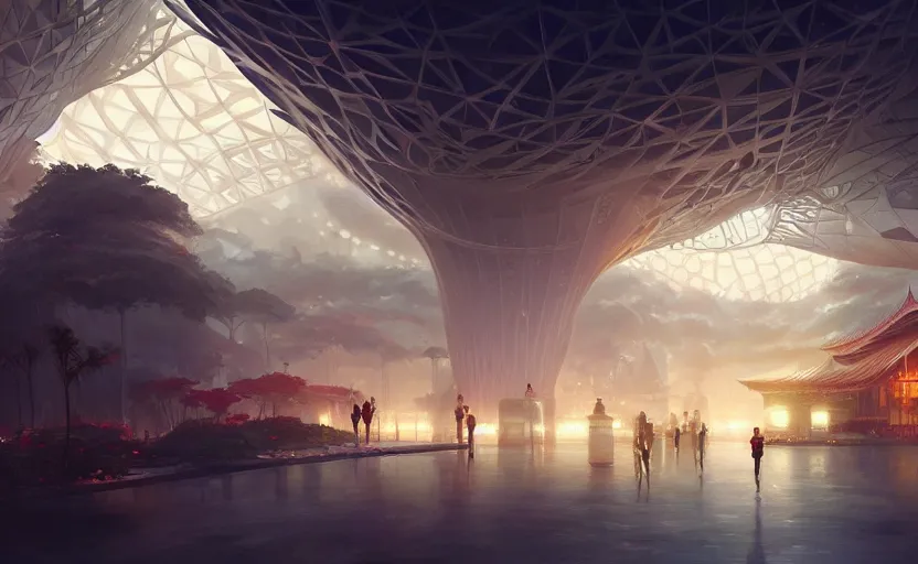 Image similar to singapore pavillion at the next world expo designed by gensler, elegant atmosphere, glowing lights, highly detailed, digital painting, artstation, concept art, smooth, sharp focus, illustration, art by wlop, mars ravelo and greg rutkowski