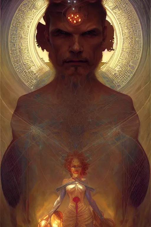 Prompt: a tarot card, a half man half machine, horror by agostino arrivabene and elegant intricate digital painting artstation concept art smooth sharp focus illustration, art by artgerm and greg rutkowski and alphonse mucha