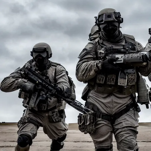 Prompt: Special Forces in grey uniform with black body armor under artillery fire in 2022, photo by Adam Ferguson, Pulitzer Winning, cinematic composition, breathtaking, modern, 2022