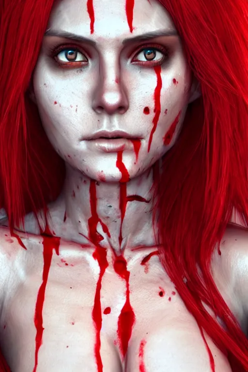 Image similar to woman skeleton covered with blood, jessica nigri face!!!, long red hair, ultra realistic, concept art, intricate details, highly detailed, photorealistic, octane render, 8 k, unreal engine. retro film still, heavy grain, 3 5 mm, art by artgerm and greg rutkowski and alphonse mucha