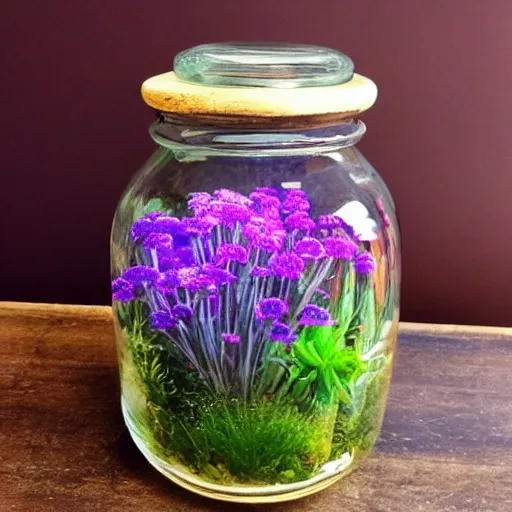 Image similar to a jar with a variety of beautiful plants inside, art