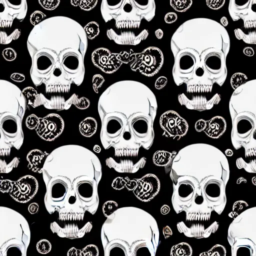Prompt: seamless creepy myzelium pattern with skull-like shapes hidden within quality texture