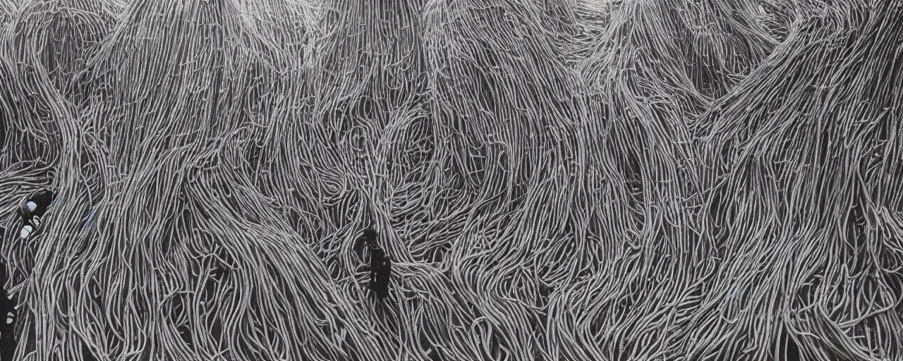 Image similar to wide angle of collection of human - like statues of made of spaghetti in an empty european plaza, canon 5 0 mm, cinematic lighting, photography, retro, film, kodachrome, closeup